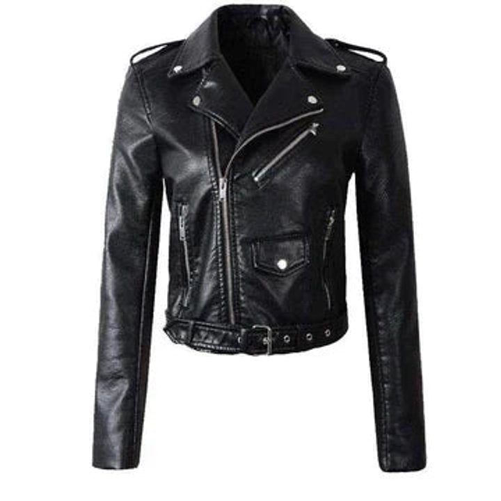 Rachel cropped belted biker jacket in black, front view