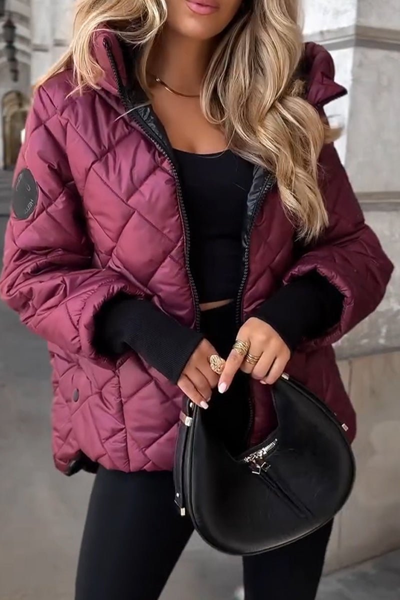 Honor diamond-quilted hooded jacket in wine red, worn open front view