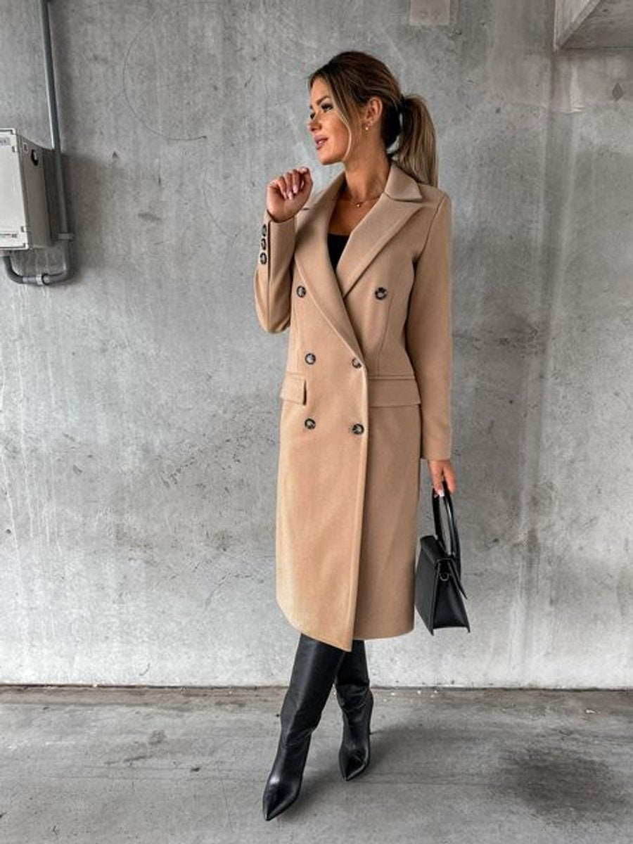 Emmeline long double-breasted coat in khaki, full-length three-quarter view