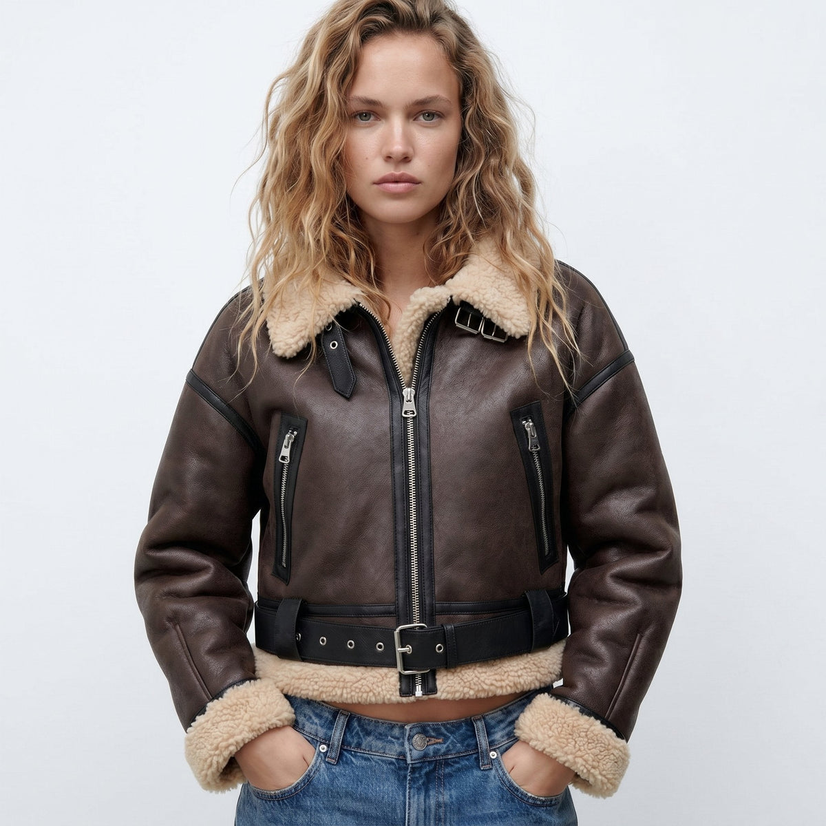 Wendy cropped aviator bomber jacket in brown, front view with teddy-textured collar