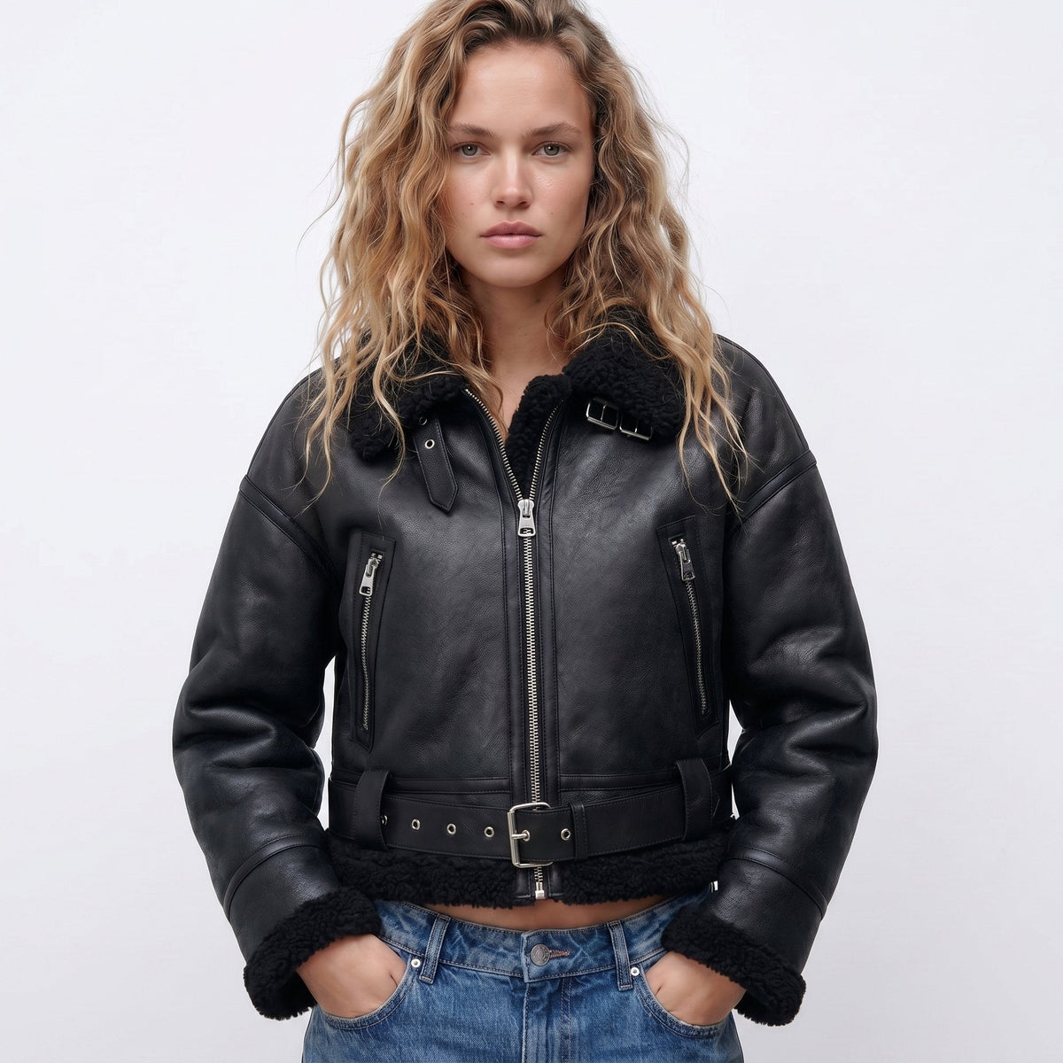 Wendy cropped aviator bomber jacket in black, front view zipped