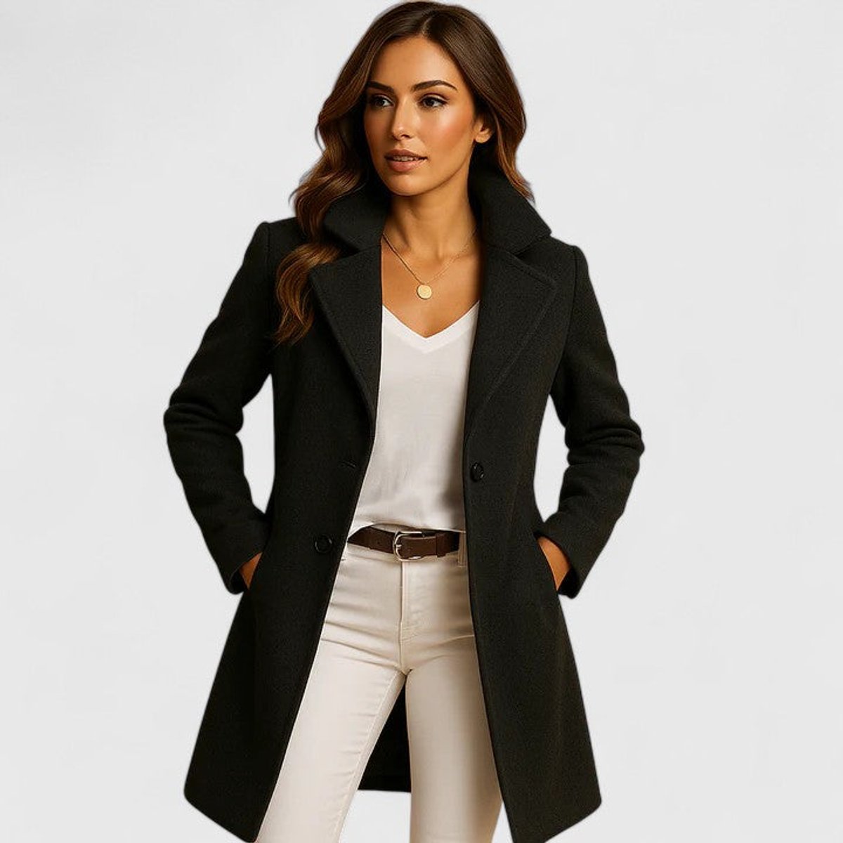 Blanche long tailored coat in black, worn over white jeans