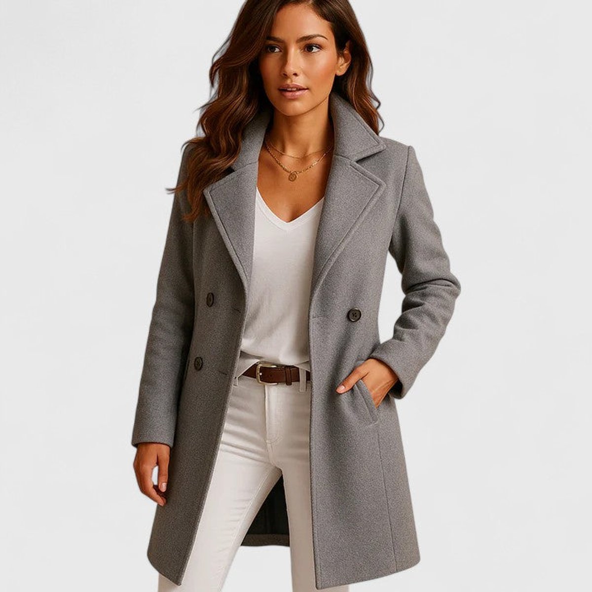 Blanche long tailored coat in grey, worn over white jeans