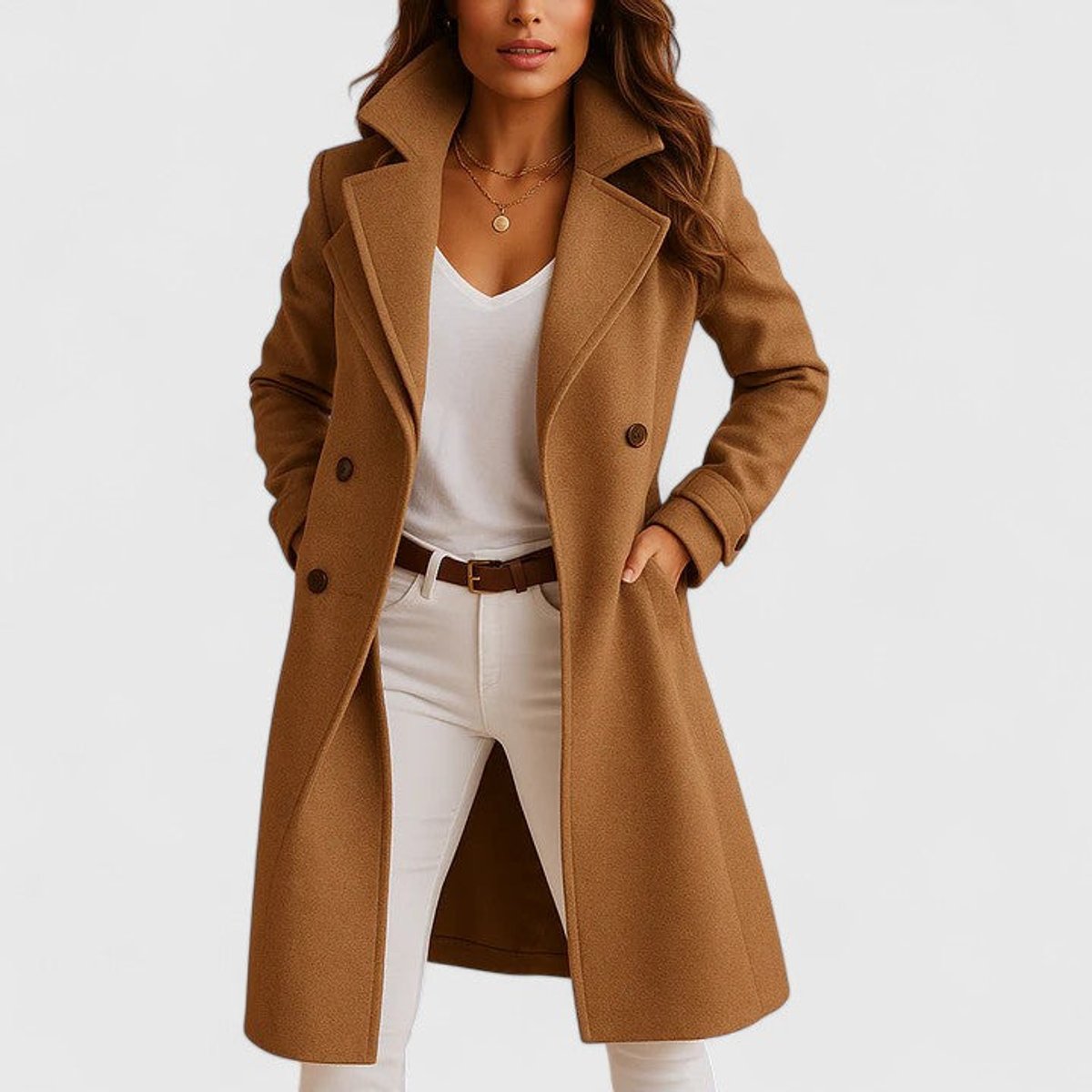 Blanche long tailored coat in camel, front view worn open