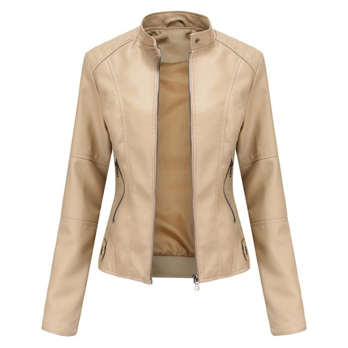 Helen mandarin-collar biker jacket in beige, front view on white background