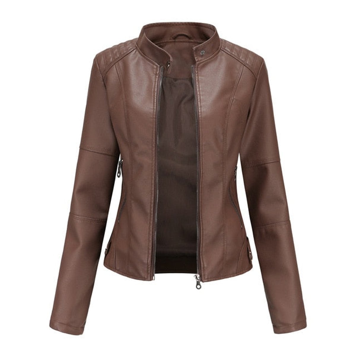 Helen mandarin-collar biker jacket in brown, front view