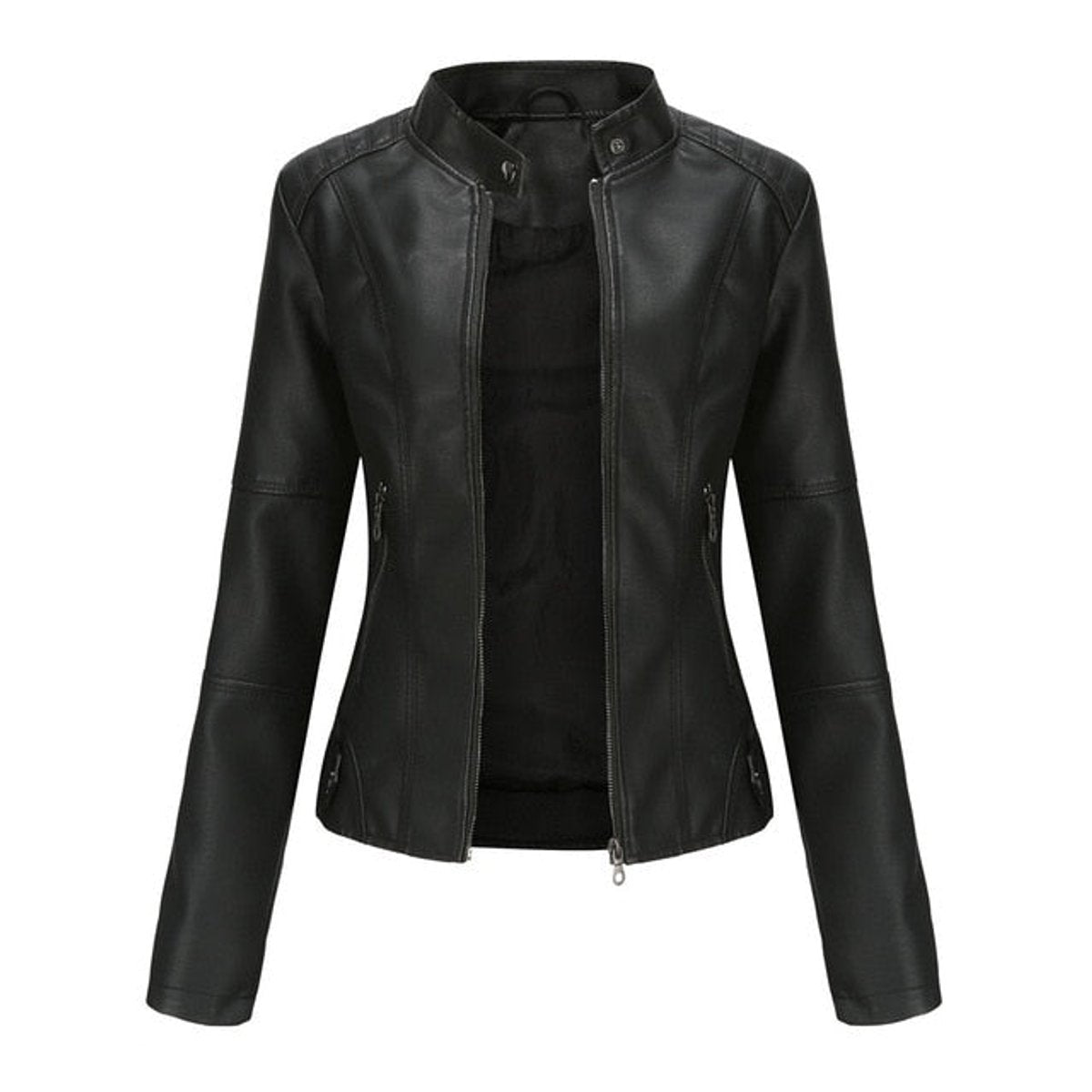 Helen mandarin-collar biker jacket in black, front view