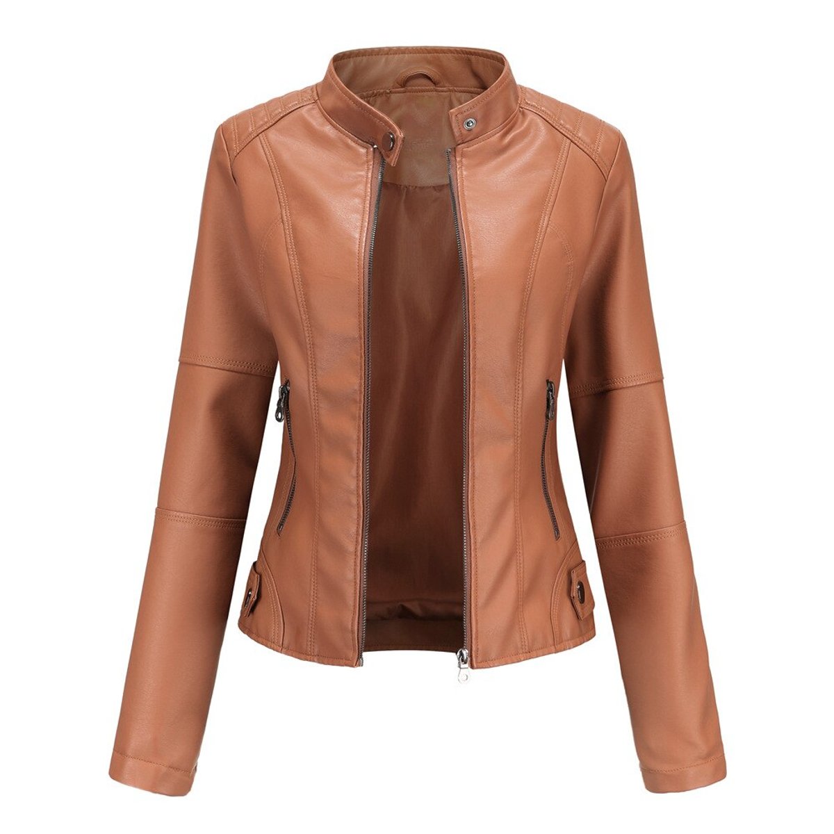 Helen mandarin-collar biker jacket in rust brown, front view with zip pockets