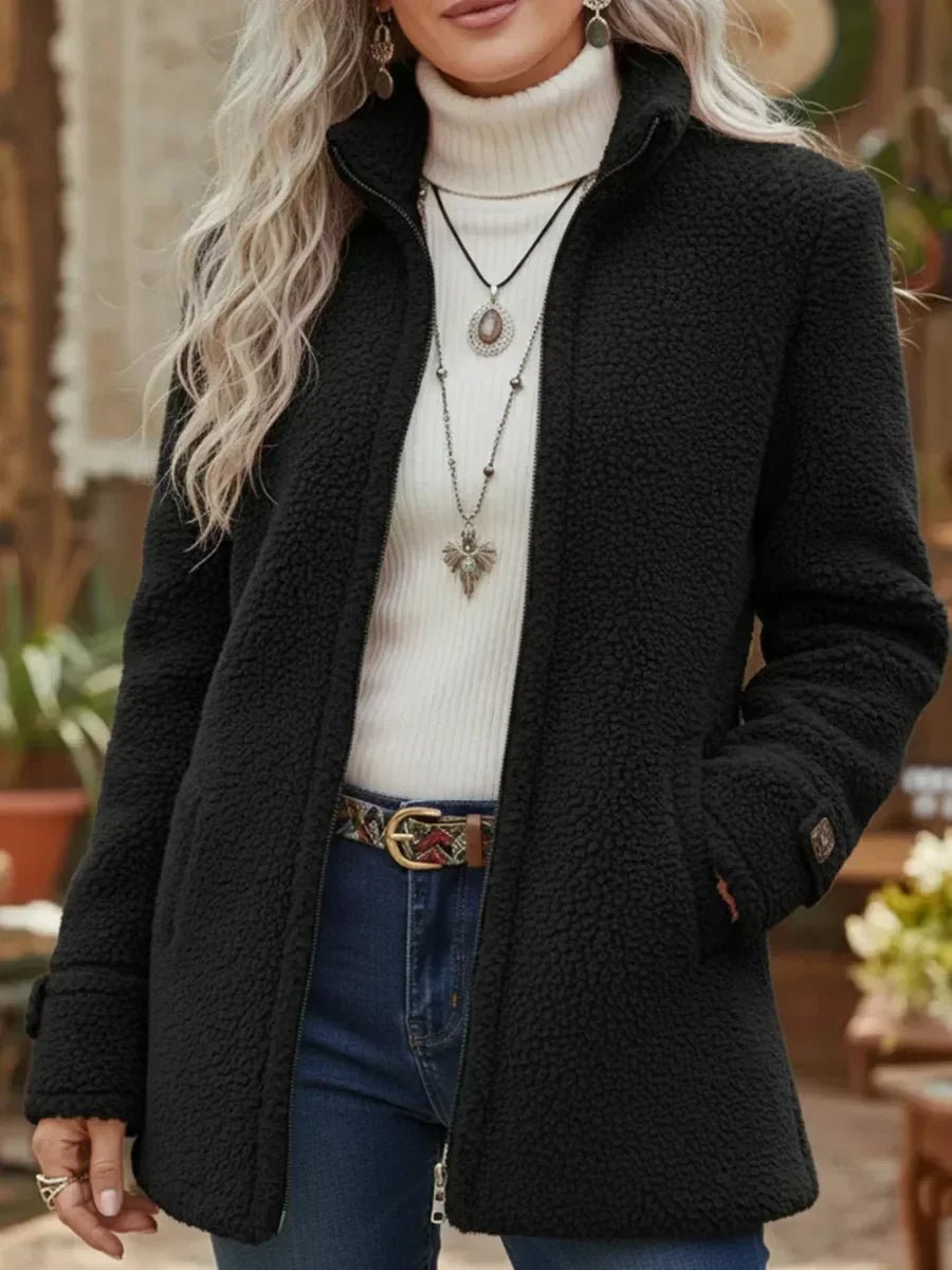 Patricia plush stand-collar coat in black, worn open front view