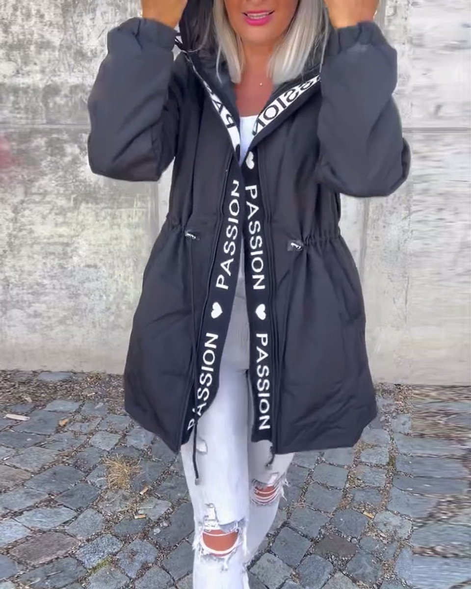 Kitty hooded midi parka in black, front view with hood up