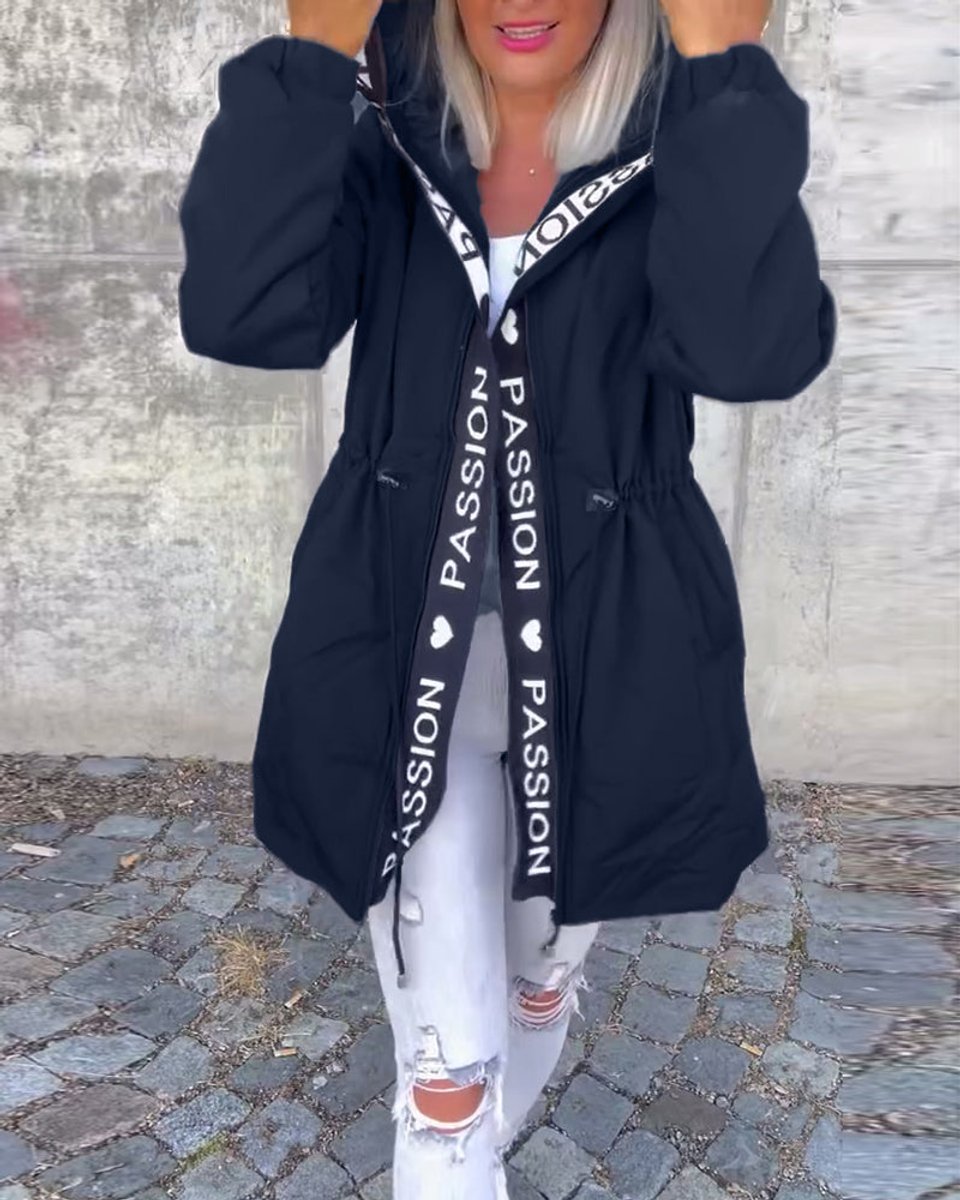 Kitty hooded midi parka in navy blue, front view with hood up