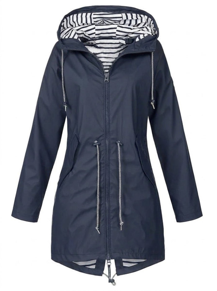 Margaret hooded raincoat in navy blue, front view with striped hood
