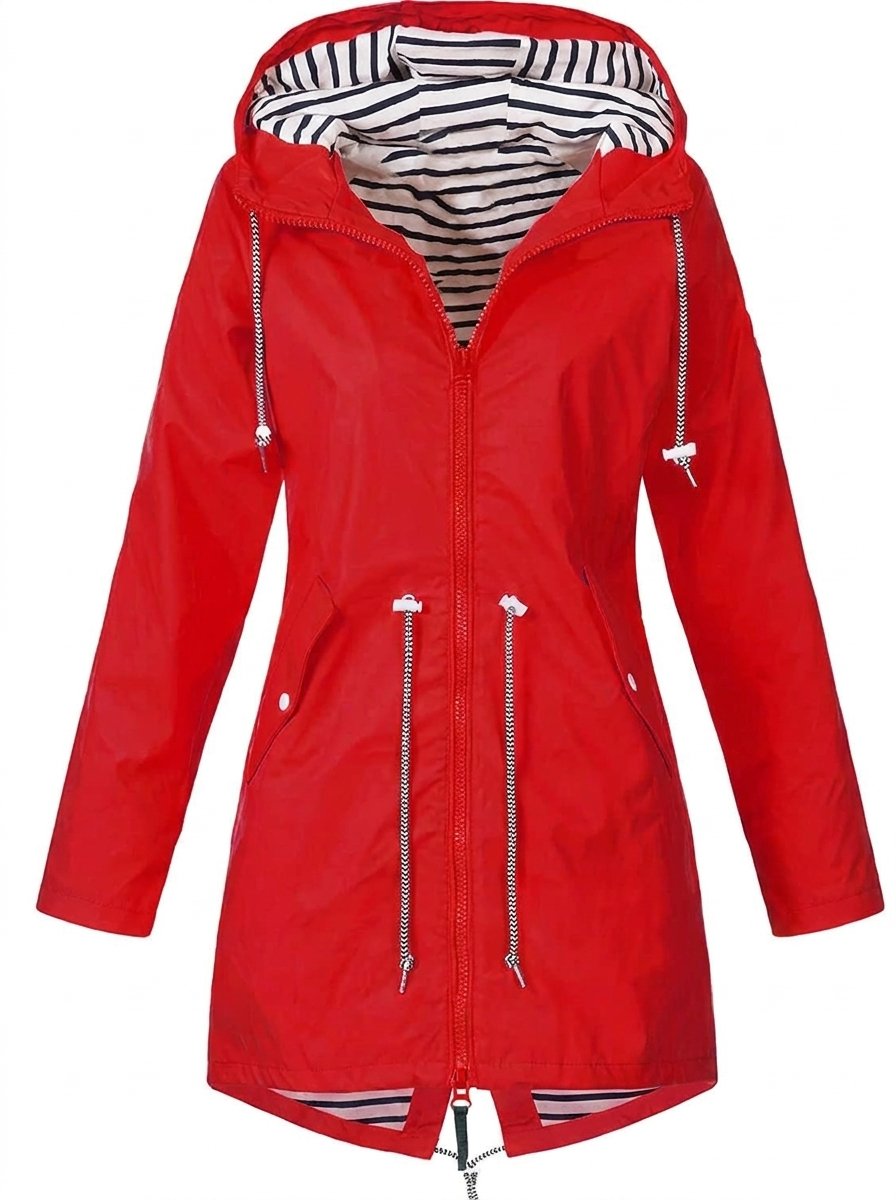 Margaret hooded raincoat in red, front view with striped hood