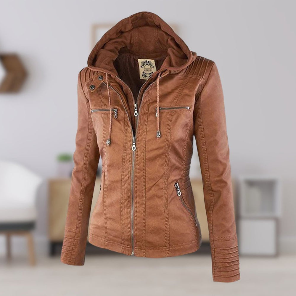 Lucinda removable-hood biker jacket in tan, three-quarter front view
