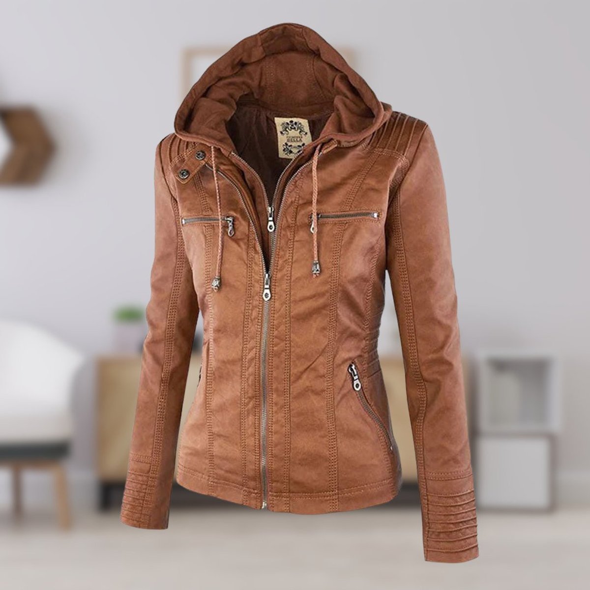 Lucinda removable-hood biker jacket in tan, three-quarter front view