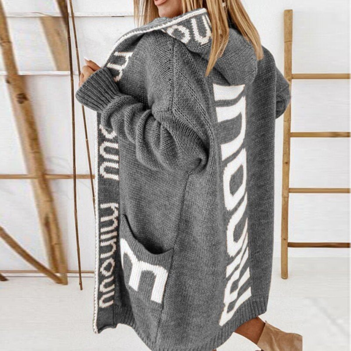 Rosabel hooded open-front cardigan in grey, side back view with lettering