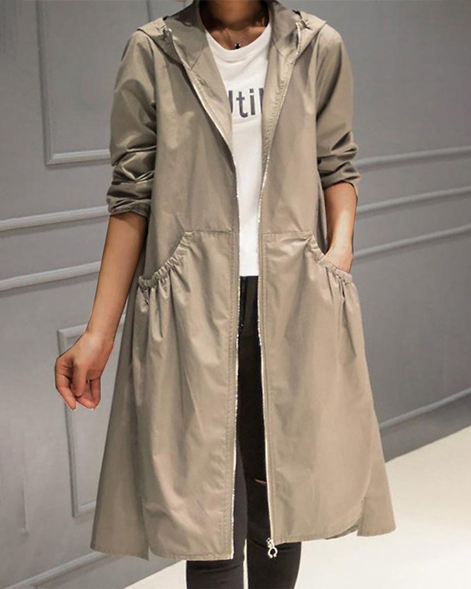 Kathleen long hooded trench coat in khaki, front view worn open with gathered pockets