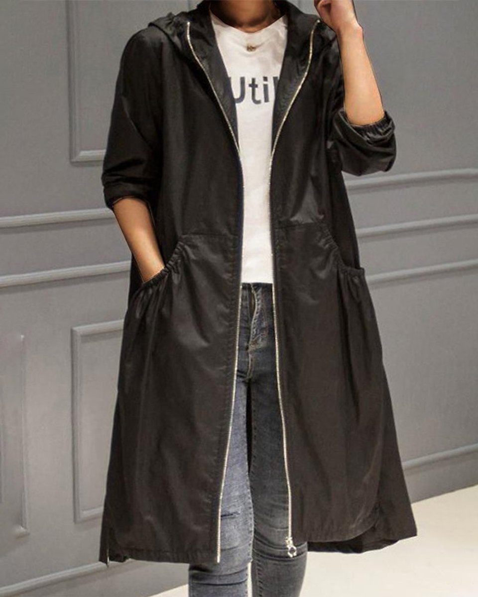 Kathleen long hooded trench coat in black, front view worn open over jeans
