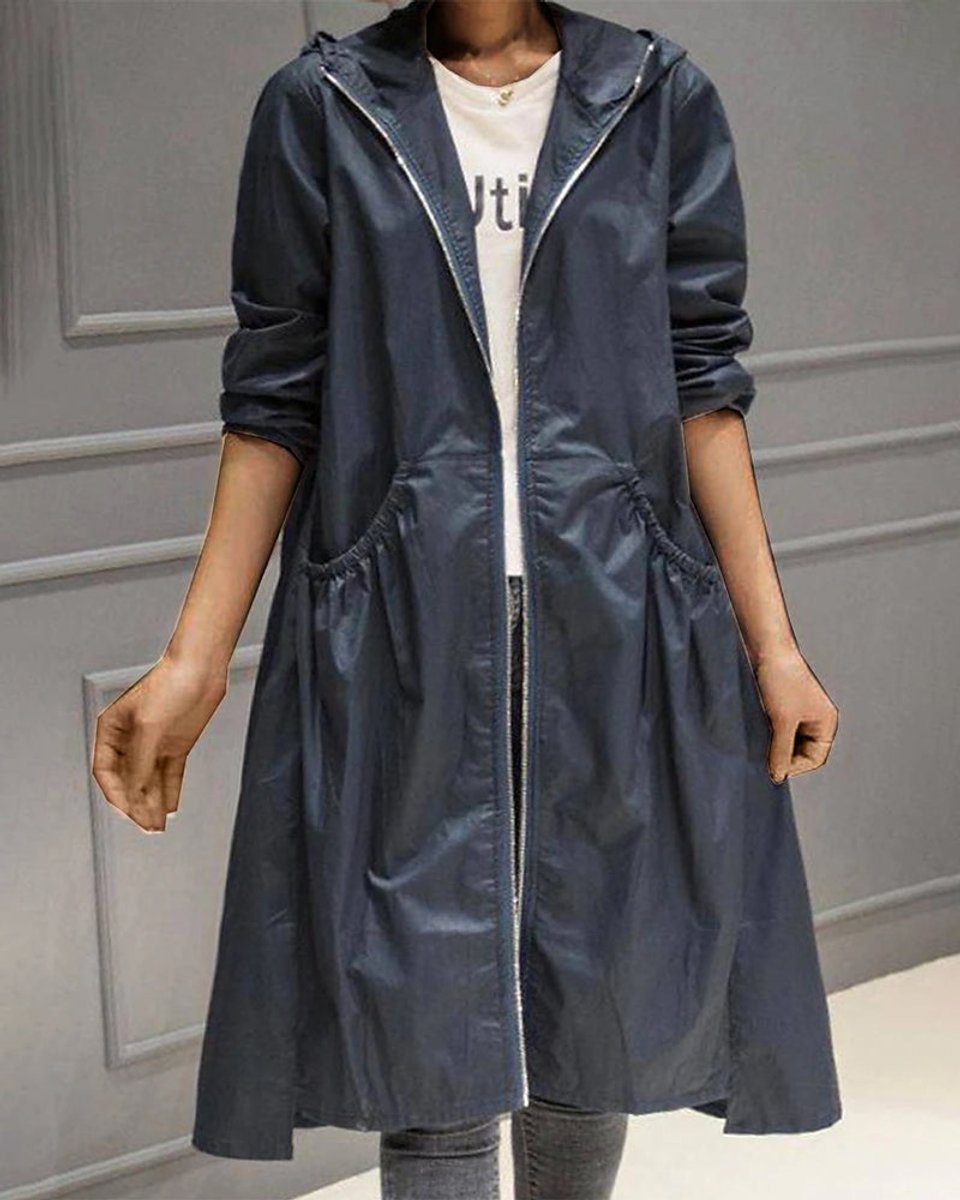 Kathleen long hooded trench coat in navy blue, front view worn open