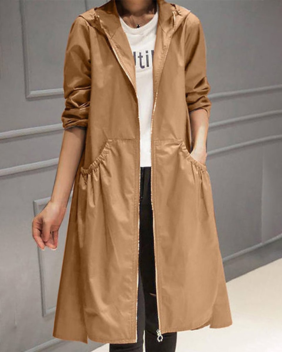 Kathleen | Long Hooded Zip-Front Trench Coat