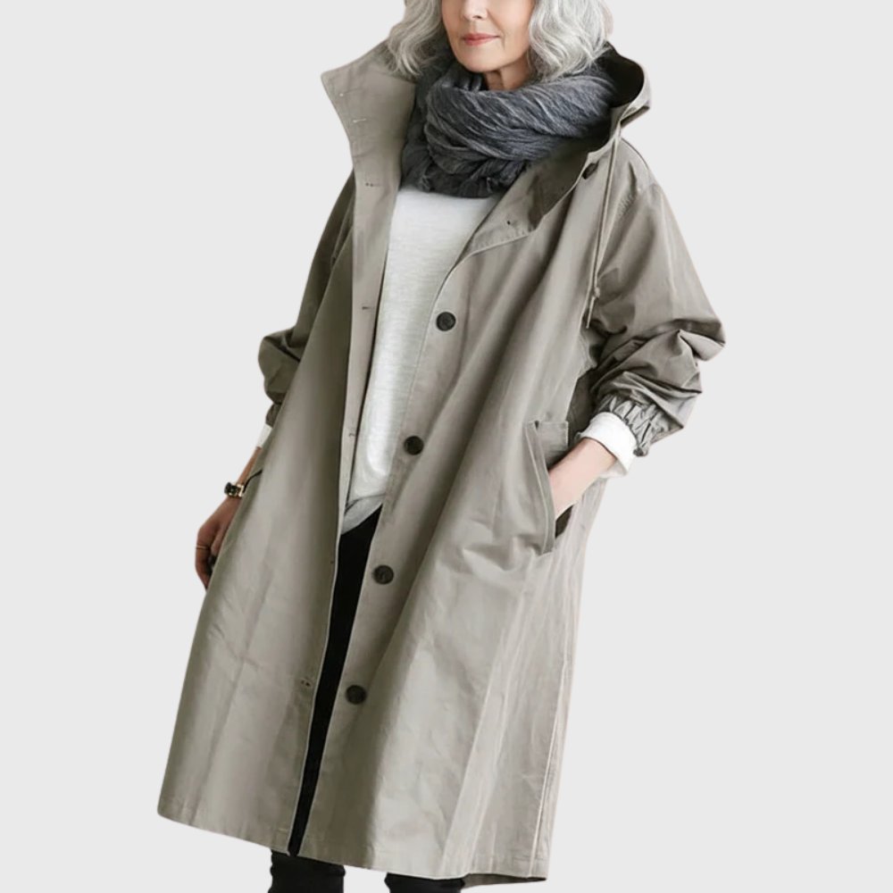 Ruth hooded longline trench coat in grey, front view with scarf