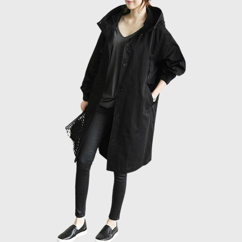 Ruth hooded longline trench coat in black, full-length front view