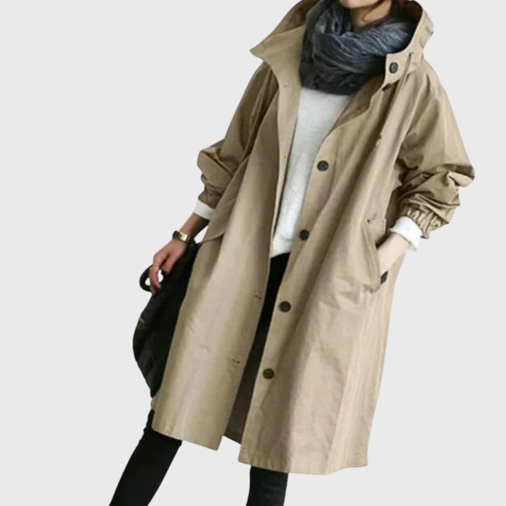 Ruth hooded longline trench coat in brown, front view with button front