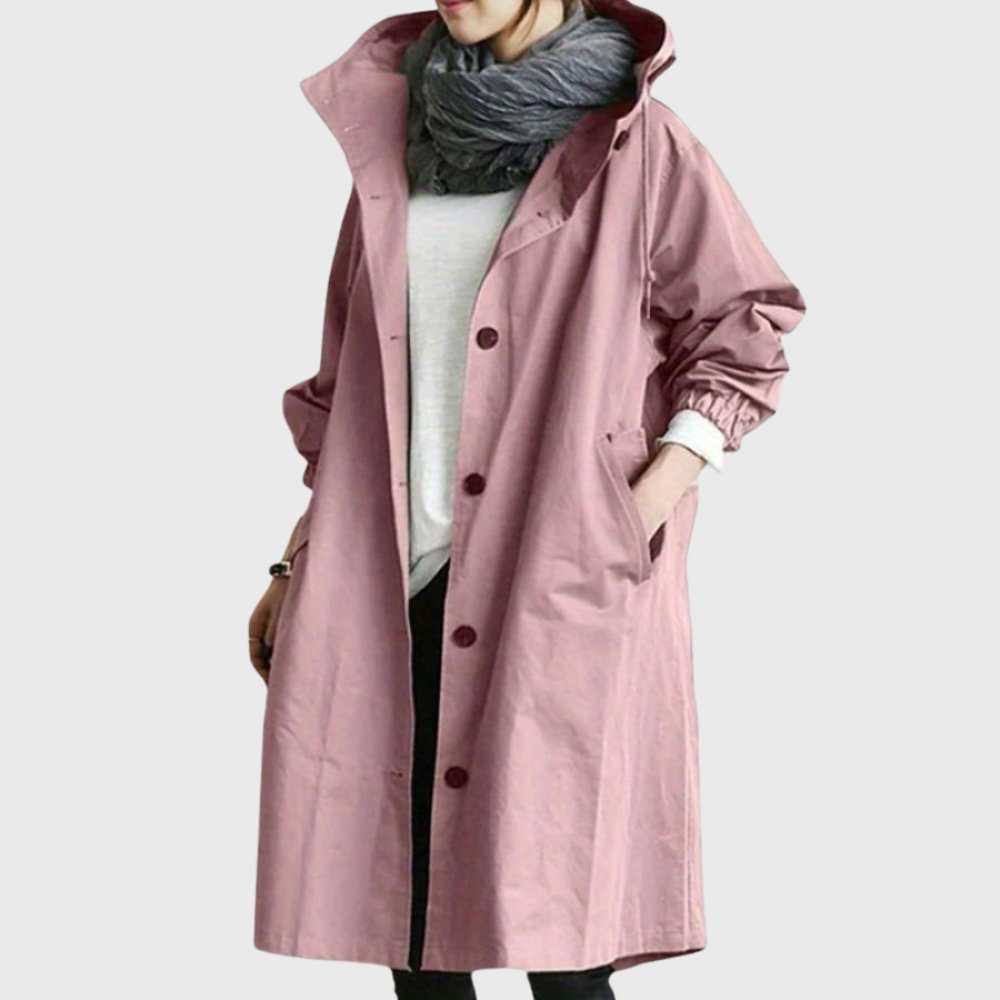 Ruth hooded longline trench coat in pink, front view with gathered cuffs