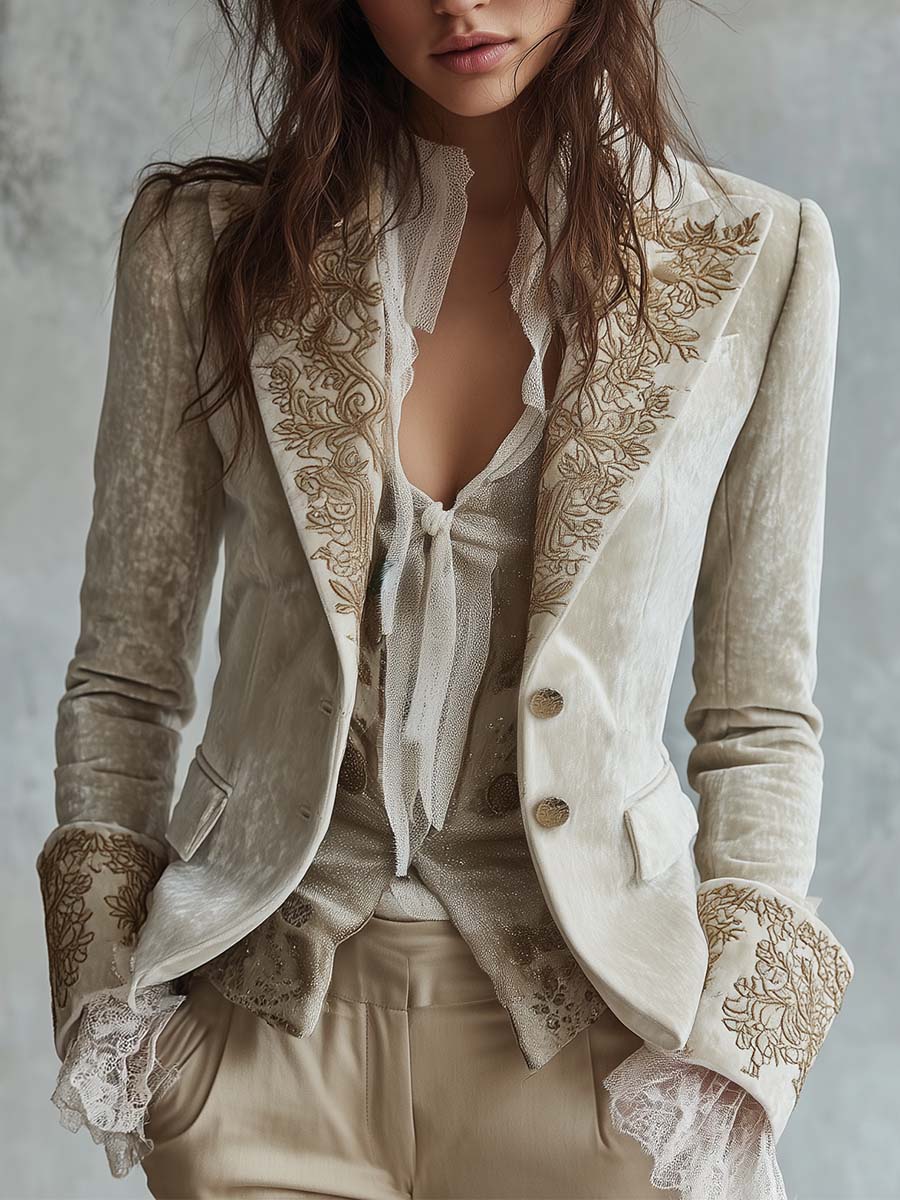 Katharine fitted blazer in ivory, front view with gold floral lapels