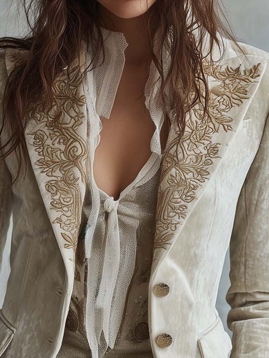 Katharine blazer in ivory, close-up of gold floral peaked lapels