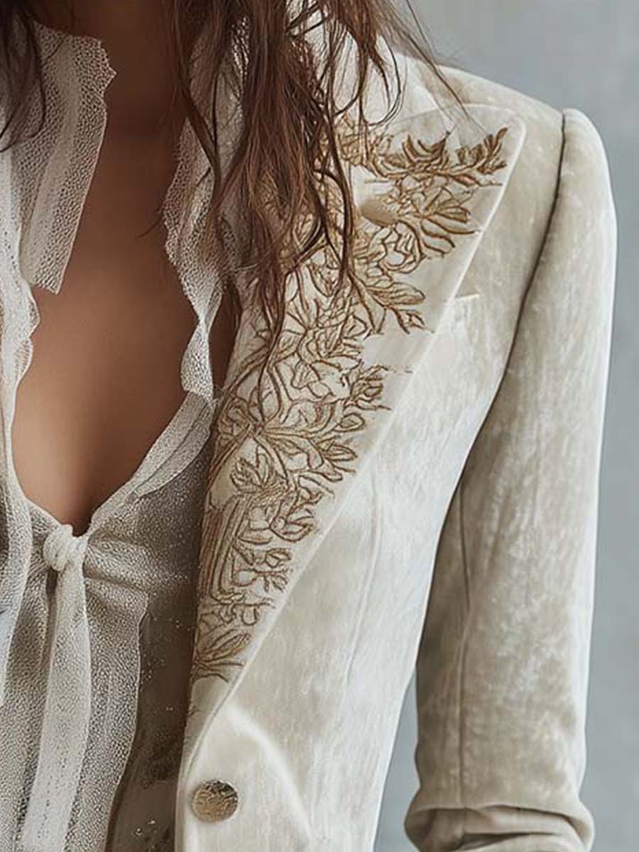 Katharine blazer in ivory, detail of lapel and gold-toned button