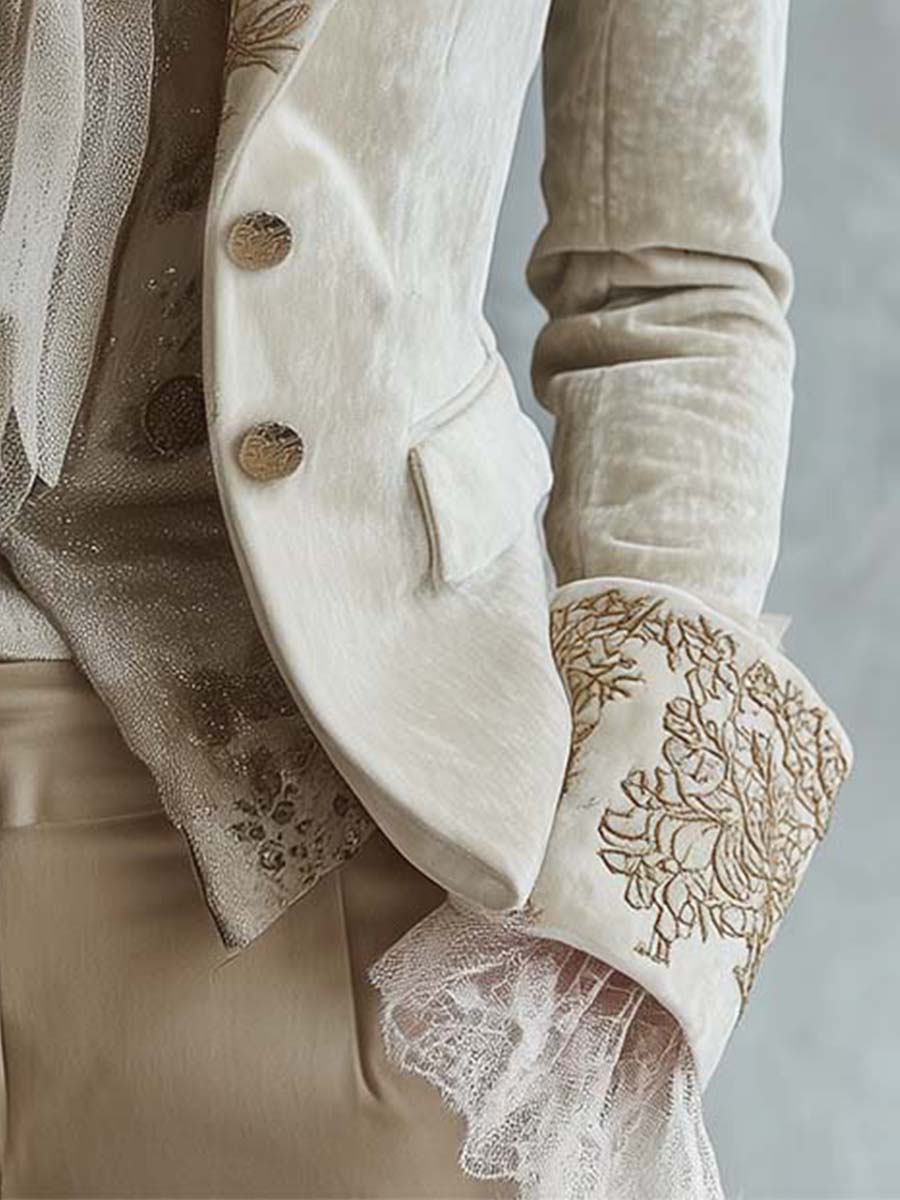 Katharine blazer in ivory, cuff and button detail with lace at the wrist