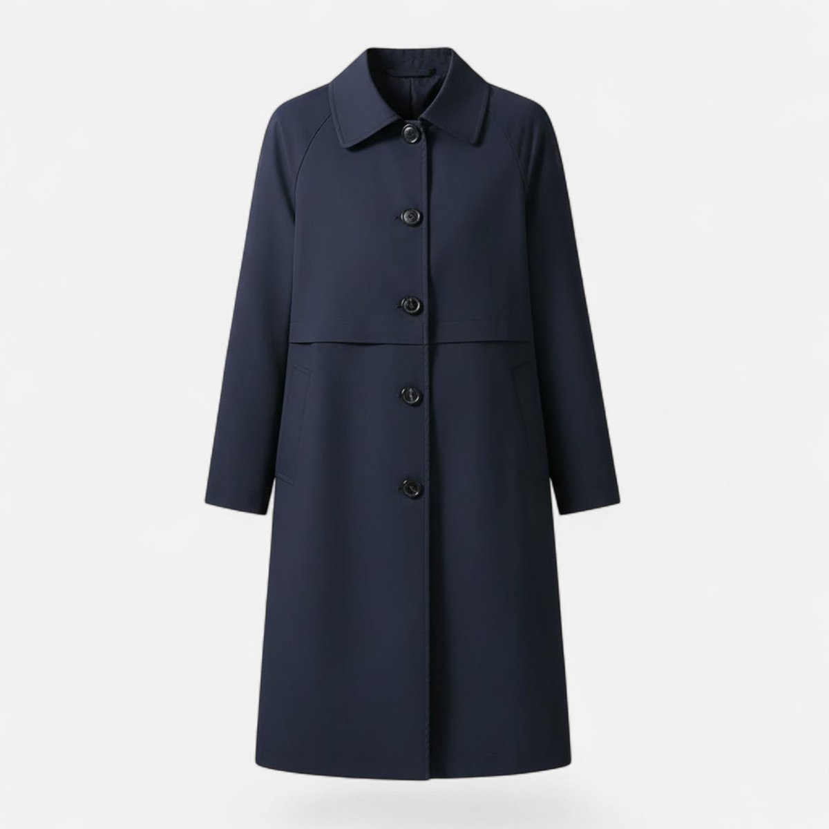 Margery tailored mid-length coat in navy blue, full front view