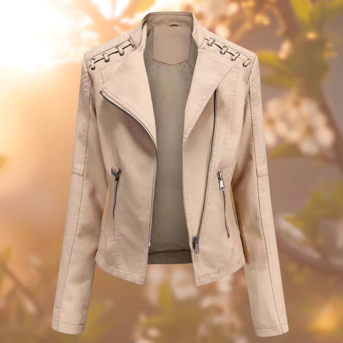 Bridget laced-shoulder biker jacket in khaki, front view
