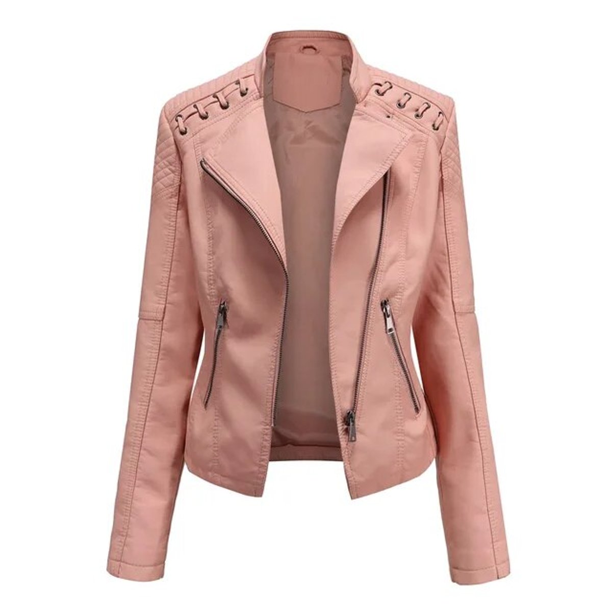 Bridget laced-shoulder biker jacket in pink, front view on white background