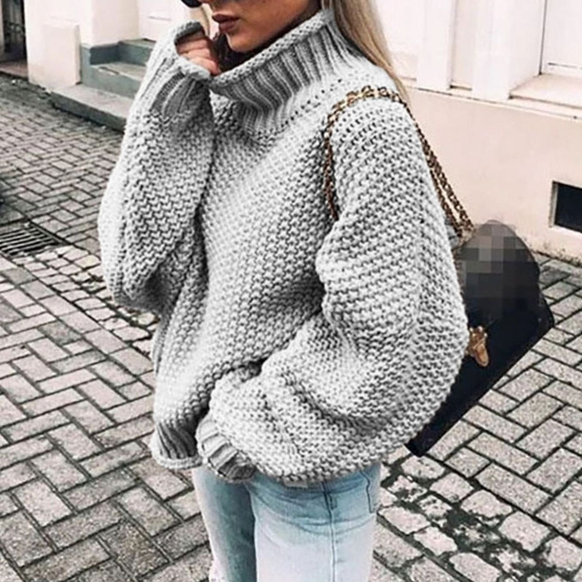 Oversized chunky knit turtleneck sweater in grey, front view