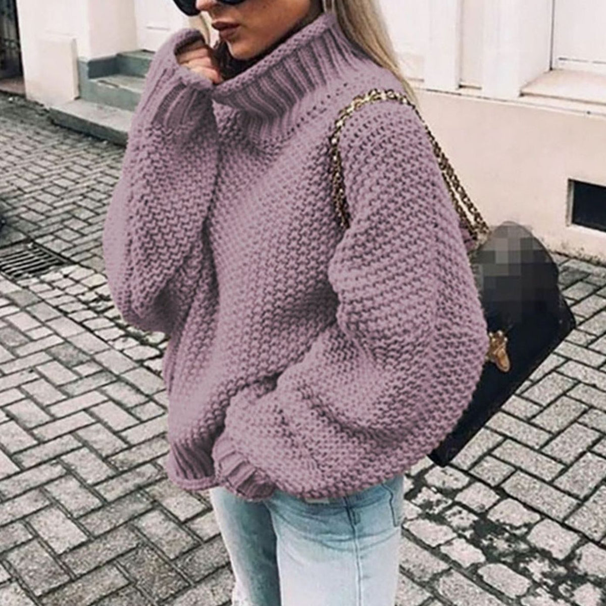 Oversized chunky knit turtleneck sweater in purple, front view