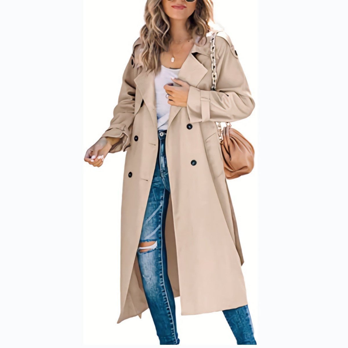 Juliet long double-breasted trench coat in khaki, full-length view with shoulder bag