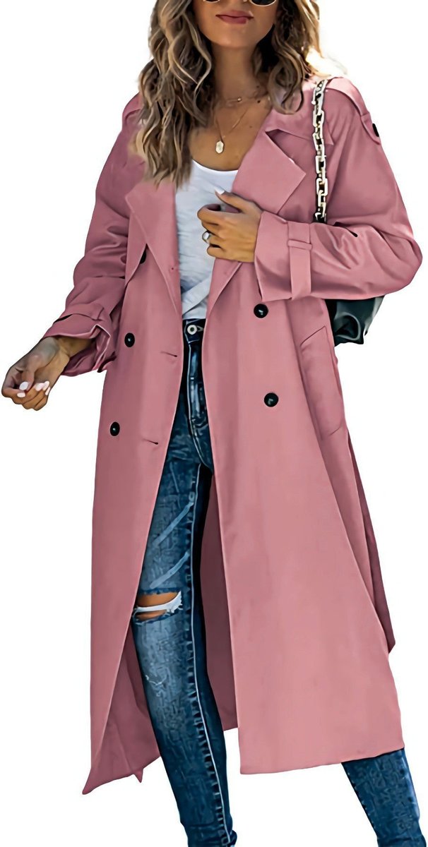 Juliet long double-breasted trench coat in pink, worn open over jeans