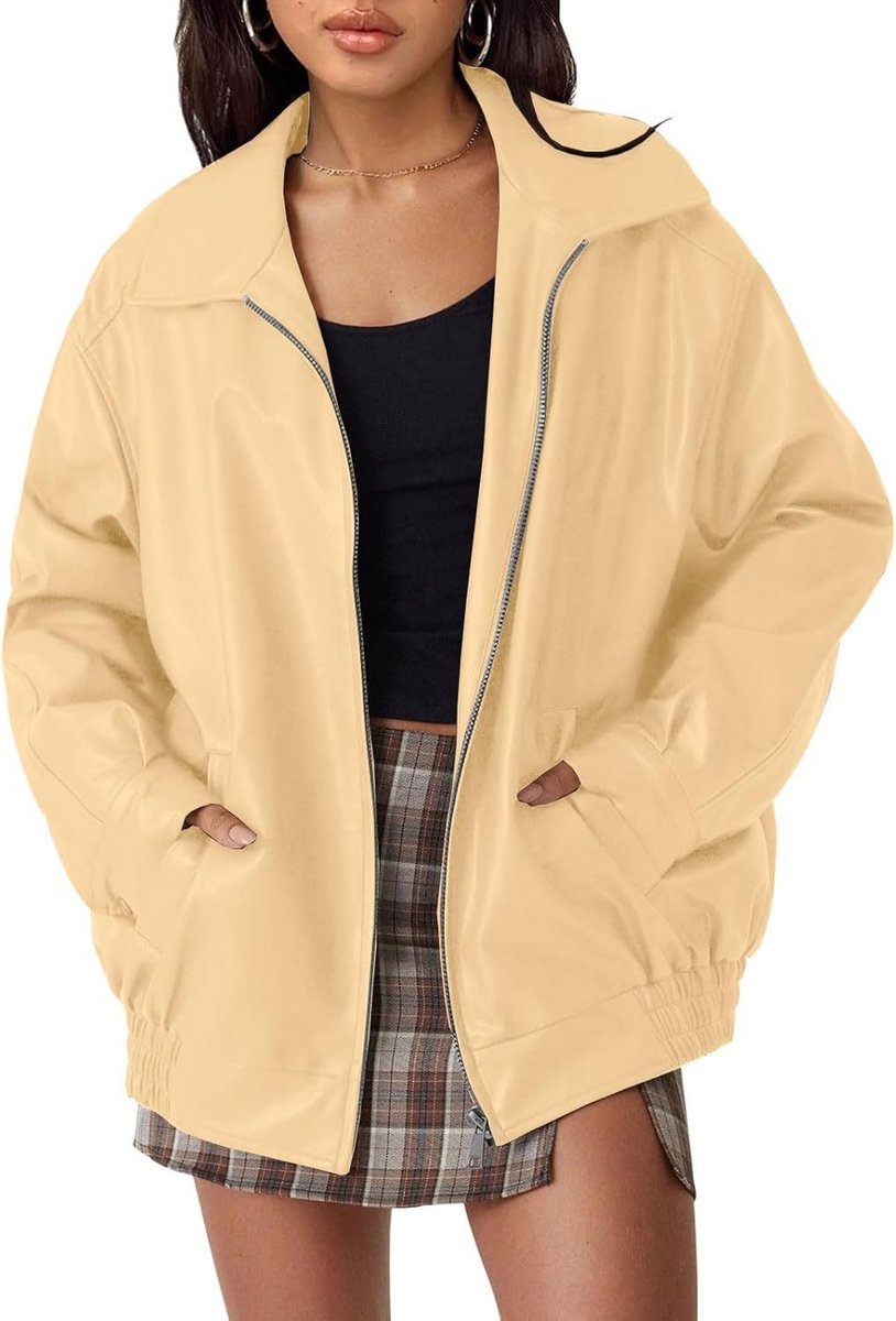 Nicola oversized zip bomber jacket in apricot, front view worn open