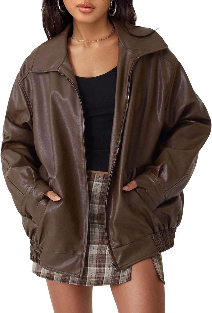 Nicola oversized zip bomber jacket in dark brown, front view worn open