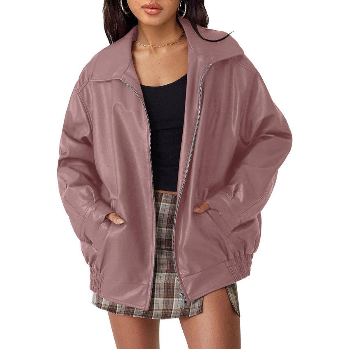 Nicola oversized zip bomber jacket in pink, front view worn open