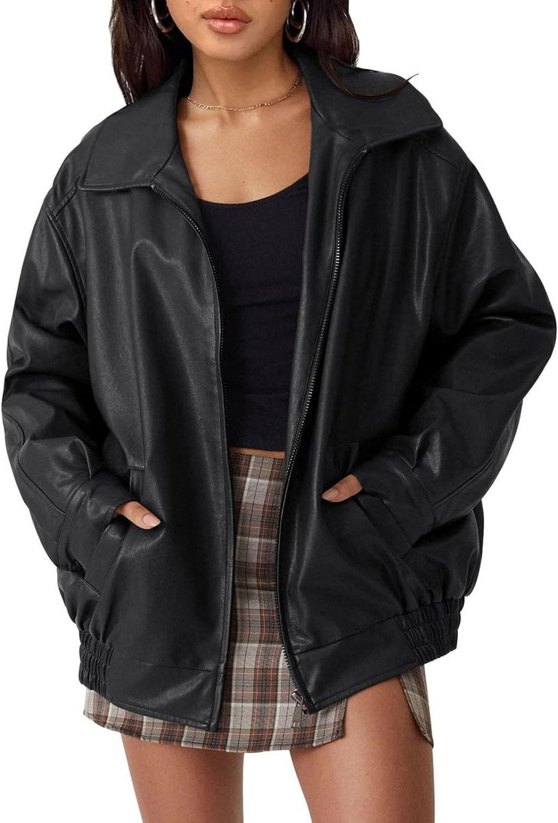 Nicola oversized zip bomber jacket in black, front view worn open
