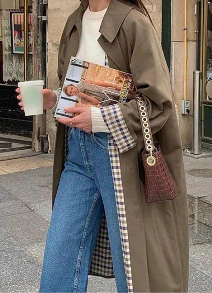 Pippa long oversized trench coat in khaki, worn open showing check-print interior