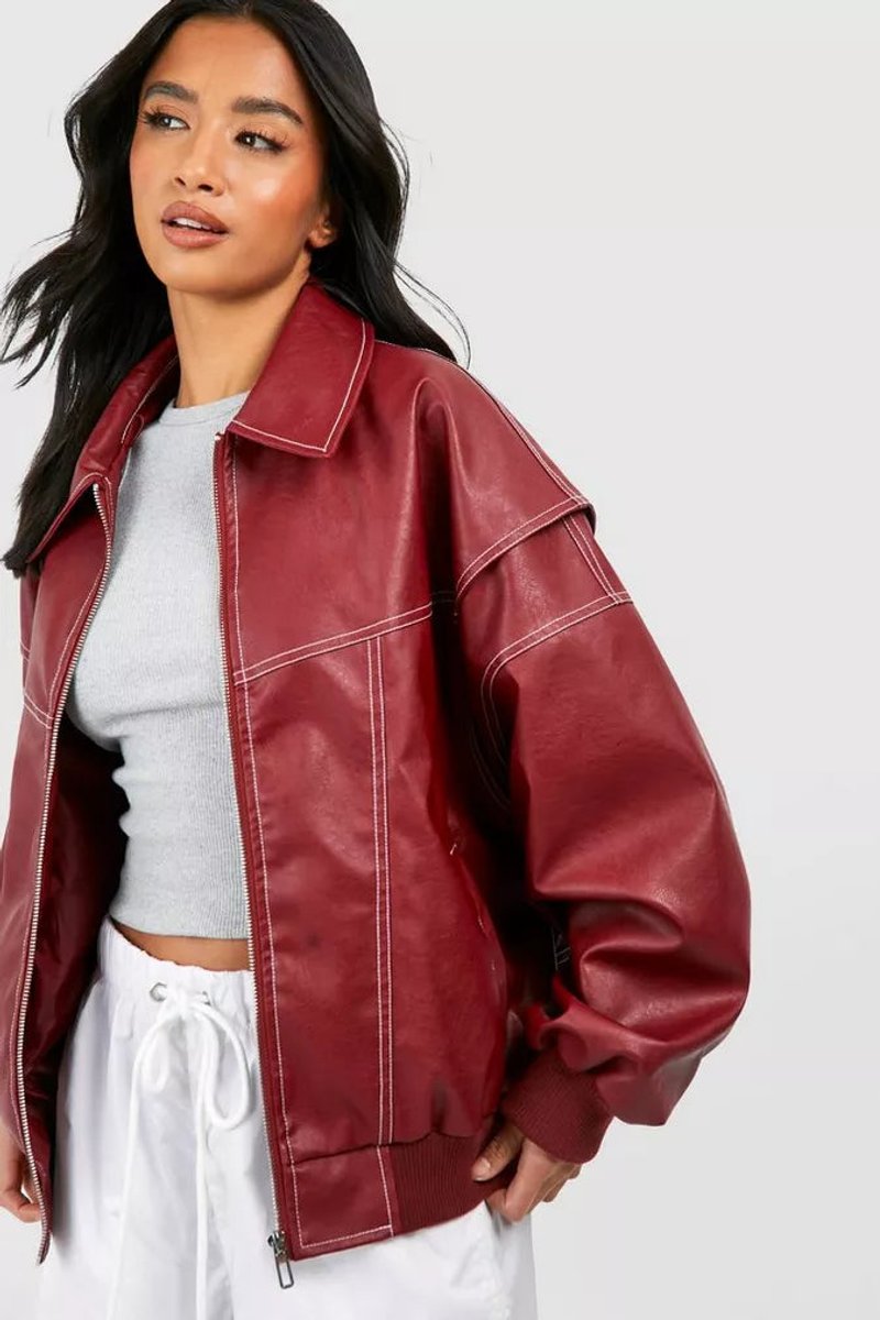 Joyce oversized bomber jacket in wine red, three-quarter front view