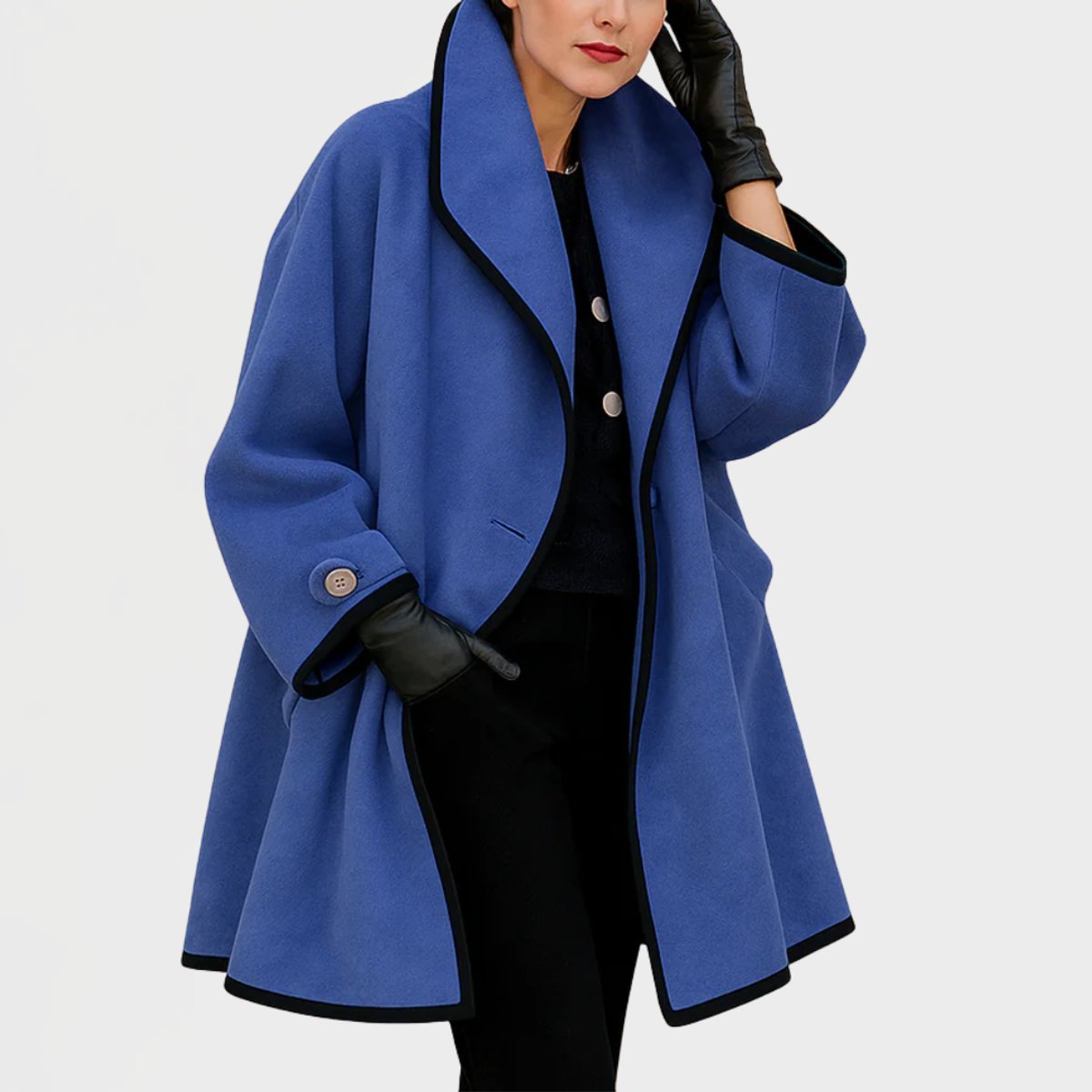 Flora oversized contrast-trim coat in blue, front view with black piped edges