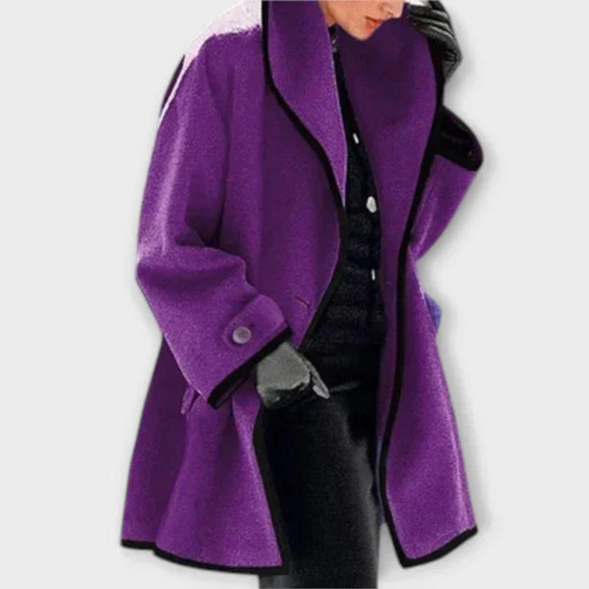 Flora oversized contrast-trim coat in purple, front view