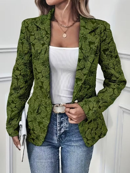 Loretta textured floral blazer in green, front view worn with jeans