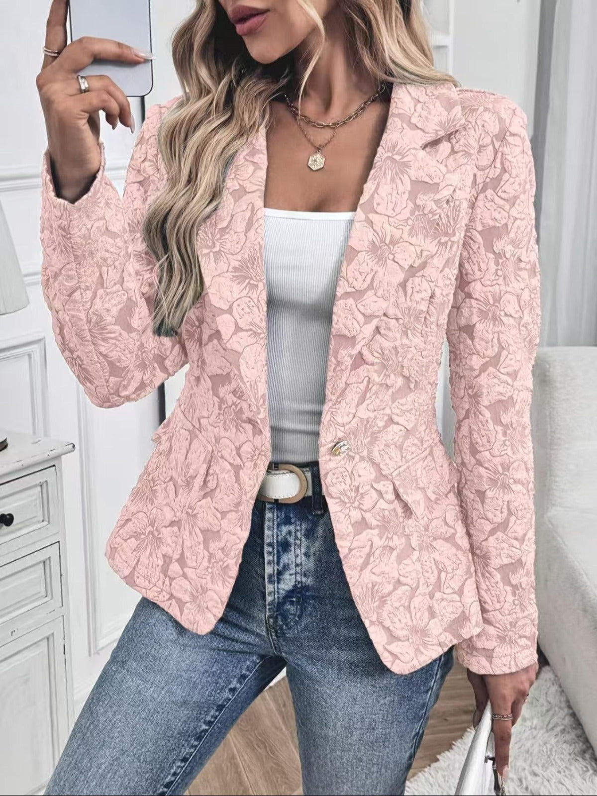 Loretta textured floral blazer in pink, front view over white tank