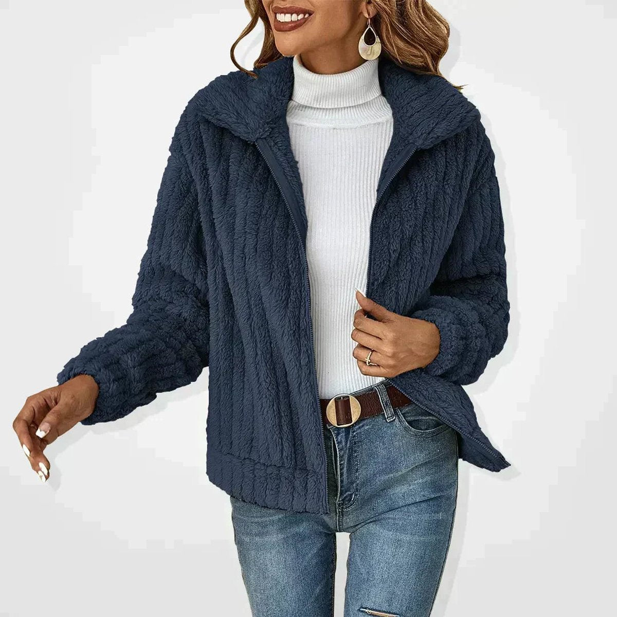 Rita plush zip-up jacket in navy, front view with wide collar